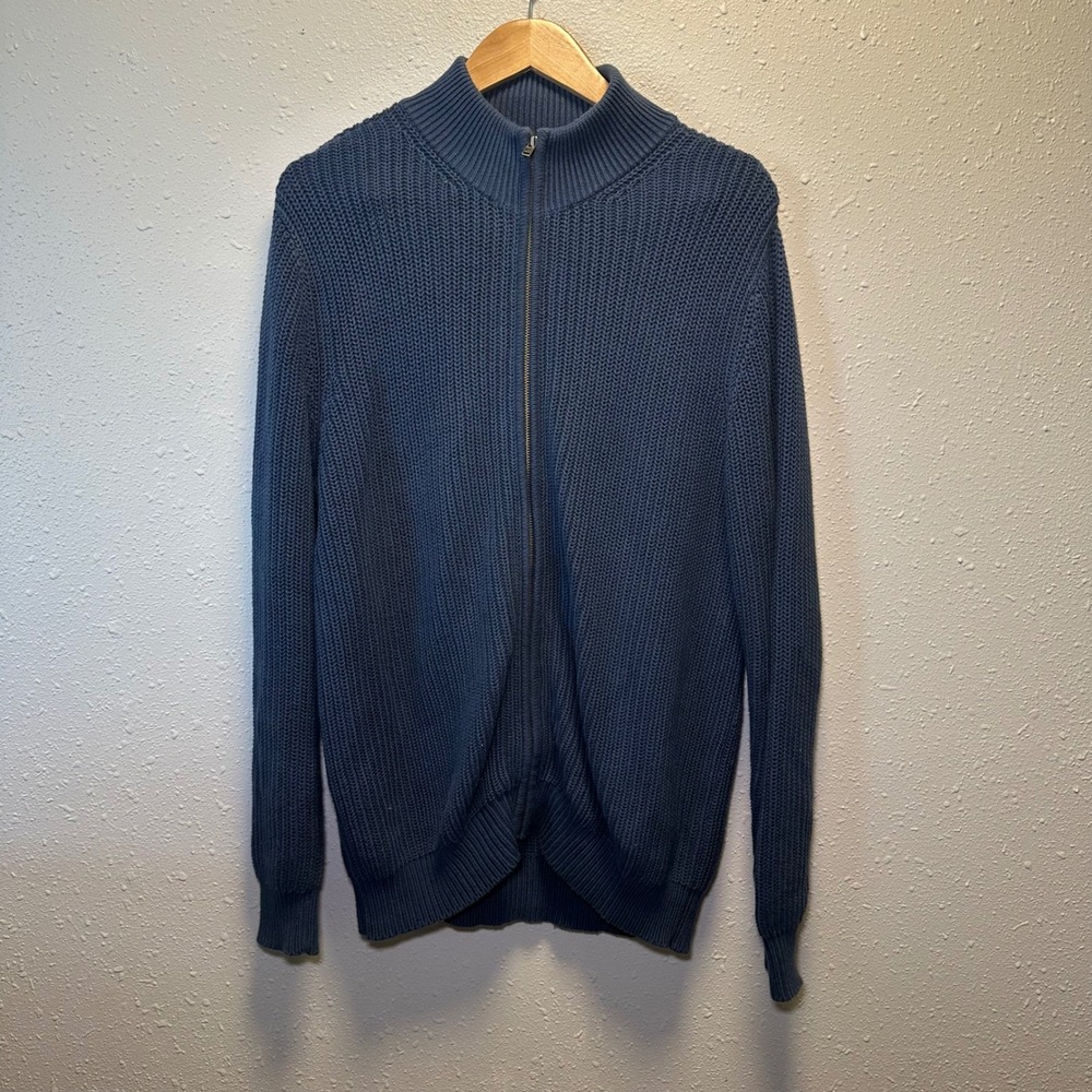 LL Bean Mens L Sweater Knit Full Zip Up Blue 100% Cotton Ribbed Cardigan Preppy